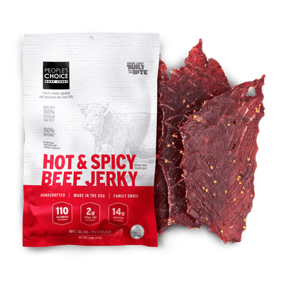 Hot & Spicy Beef Jerky package with jerky pieces on a white background