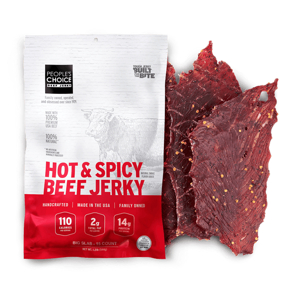 Hot & Spicy Beef Jerky package with jerky pieces on a white background