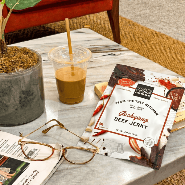 Bag of Gochujang beef jerky on table