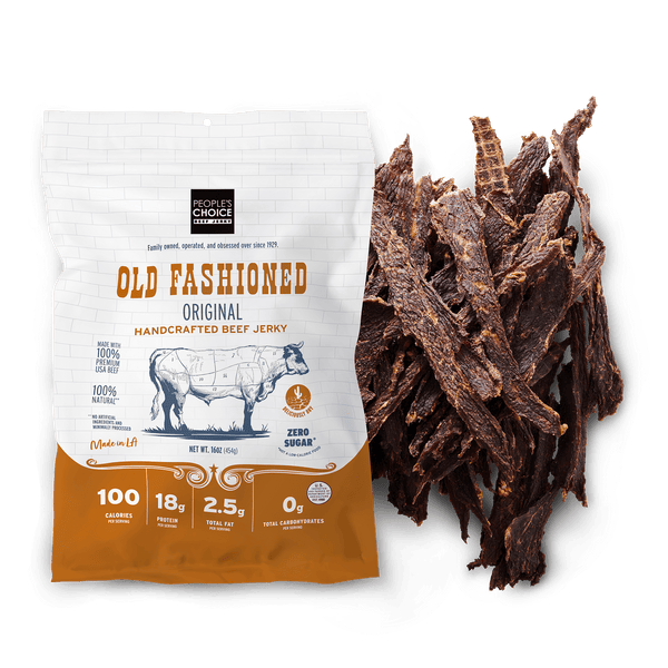Package of Old Fashioned Original Handcrafted Beef Jerky with jerky strands on a white background