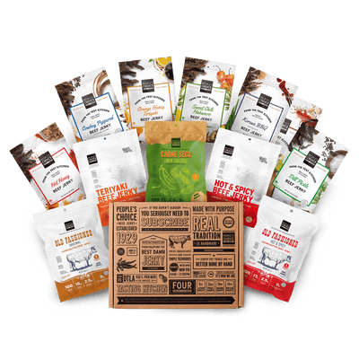 A variety of beef jerky flavors around a jerky box. 