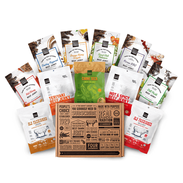A variety of beef jerky flavors around a jerky box. 