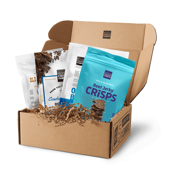 Assortment of savory and mild jerky bags in a jerky box. 