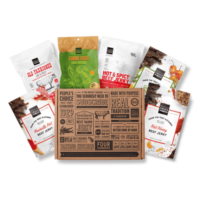 A bundle of spicy jerky flavors around a jerky box. 