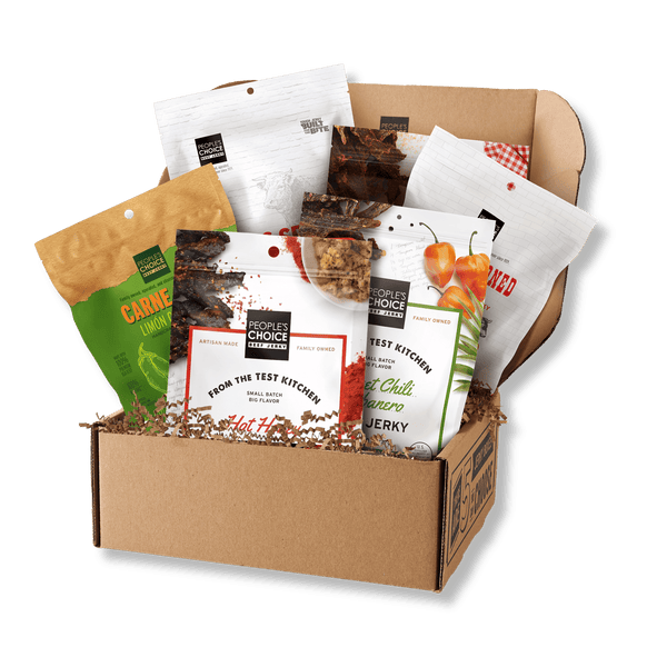 An assortment of spicy jerky flavors in a jerky box. 