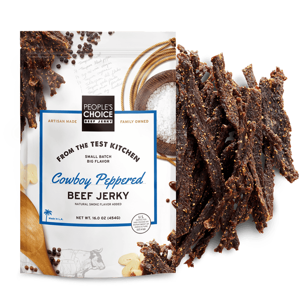 People's Choice Cowboy Peppered Beef Jerky packaging with jerky strands displayed.