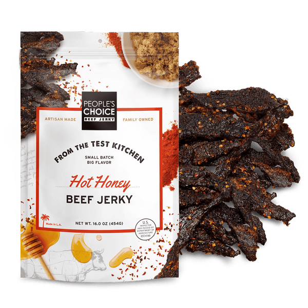 People's Choice Hot Honey Beef Jerky packaging with jerky pieces displayed.