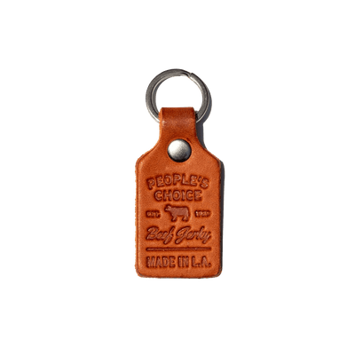 Front of People's Choice Beef Jerky Branded Leather Keychain