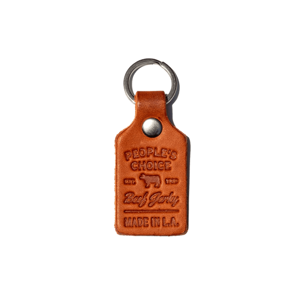 Front of People's Choice Beef Jerky Branded Leather Keychain