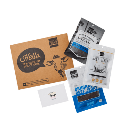 Front of Vintage Mild Jerky Gram Gift Set With Product Laid Out