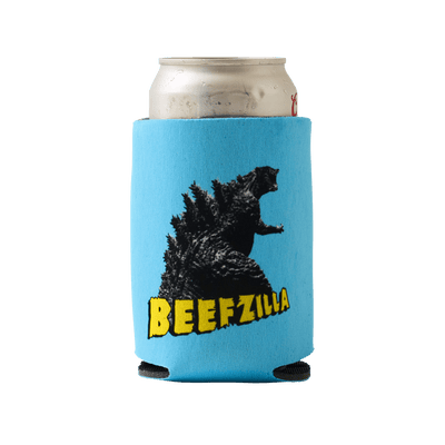Front of Beefzilla Koozie Holding a Soda