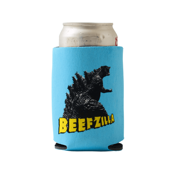 Front of Beefzilla Koozie Holding a Soda